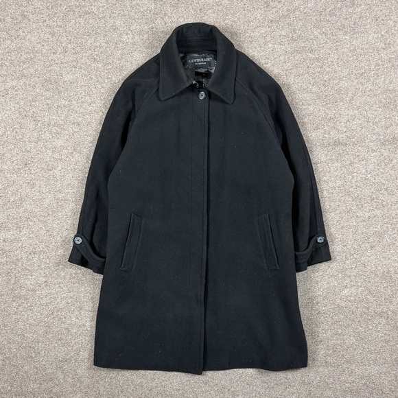 Centigrade Jackets & Blazers - VTG Black Wool Blend Mid-Length Overcoat Women’s XL Button Closure Drop Shoulder